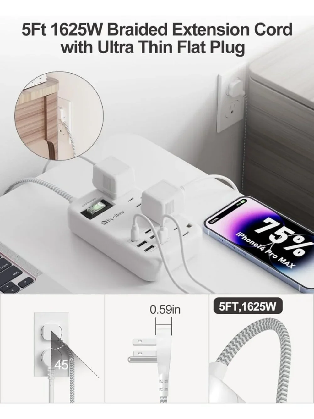 6-Outlet USB Travel Power Strip with 5ft Braided Cord & Surge Protection - Wall